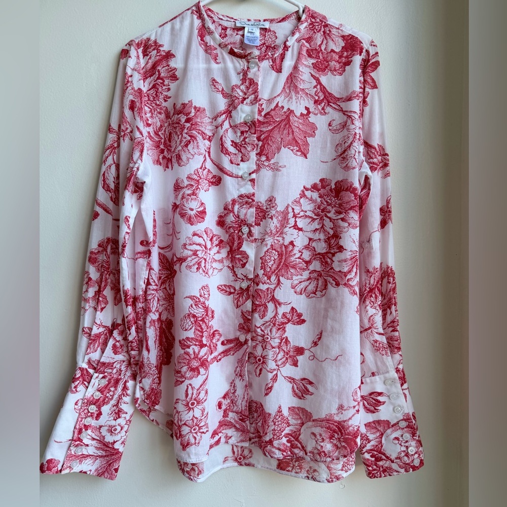 Oscar de la Renta Toile Print Cotton Blouse Shirt White Orange Size 12